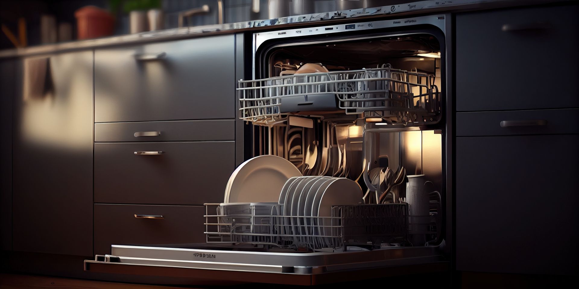 Open dishwasher with dishes inside in a kitchen.