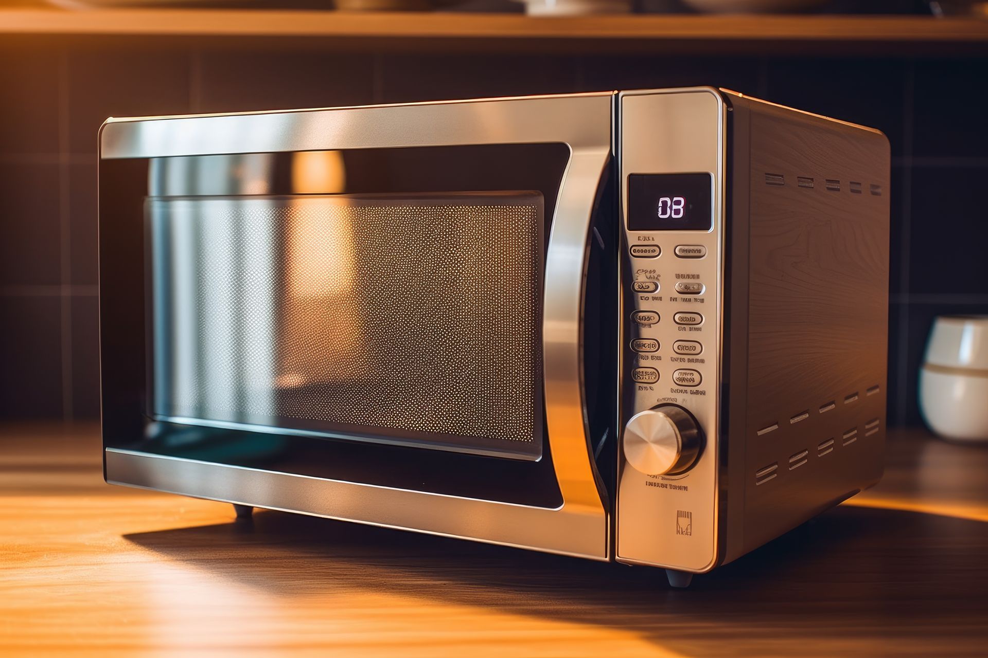 Silver microwave on a wooden counter, display showing time.