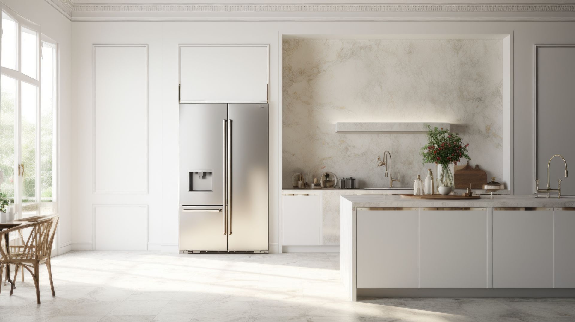 Modern white kitchen with stainless steel refrigerator, island, and sink; sunlight streams in.