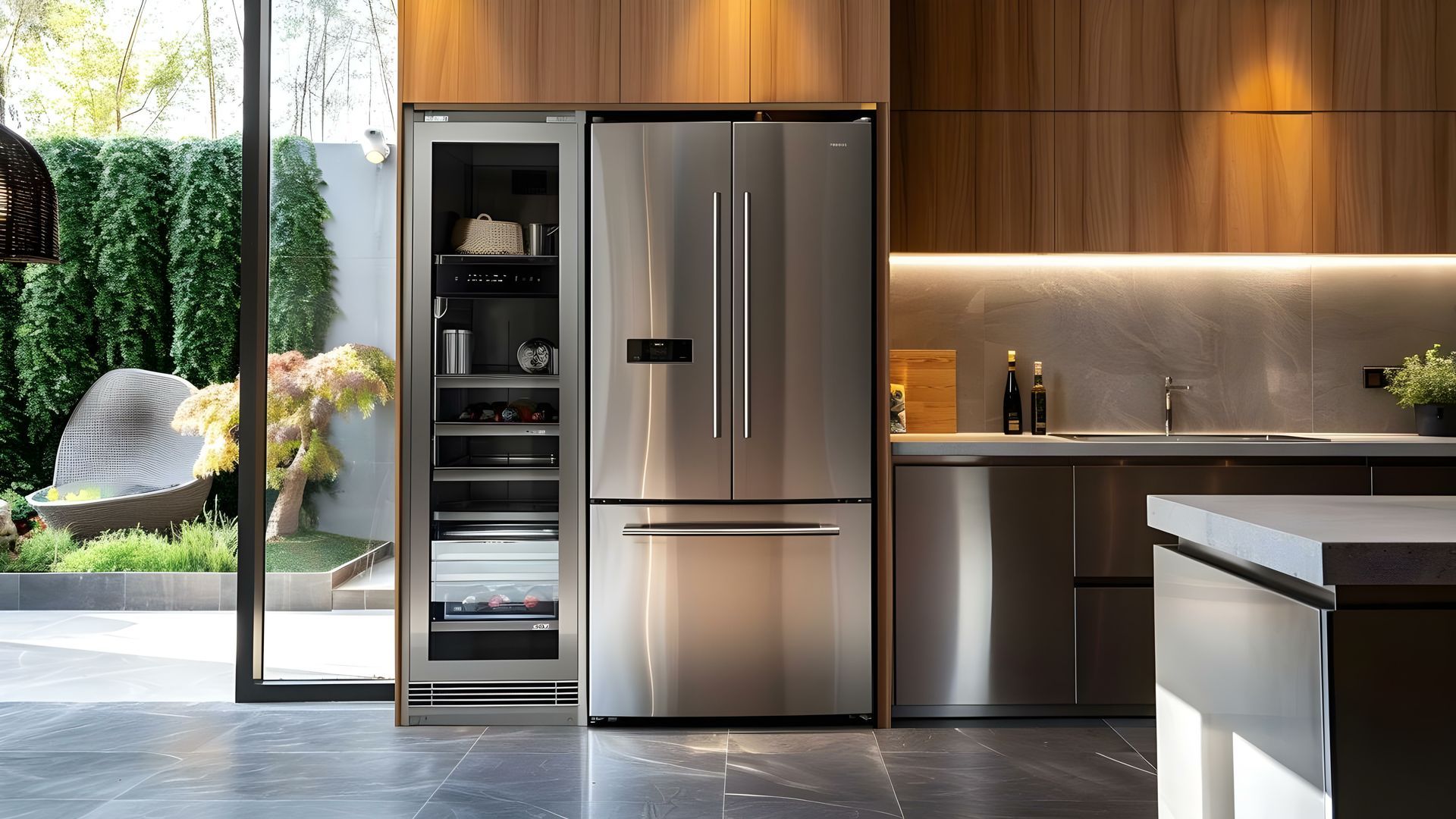 Stainless steel refrigerator in a modern kitchen with wooden cabinetry and outdoor view.