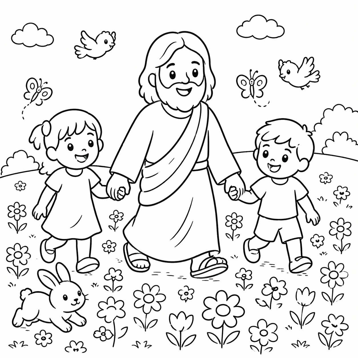 Jezus die met kinderen door een bloemenveld loopt