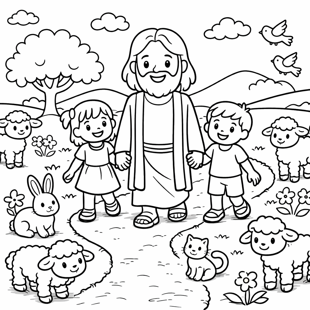 Jezus die met kinderen wandelt.