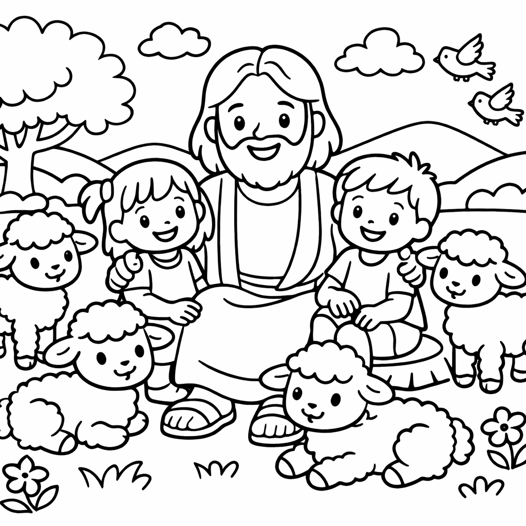 Kleurplaat van Jezus met kinderen.