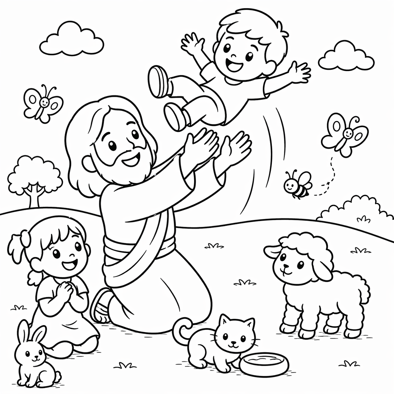 Kleurplaat van Jezus die met kinderen speelt