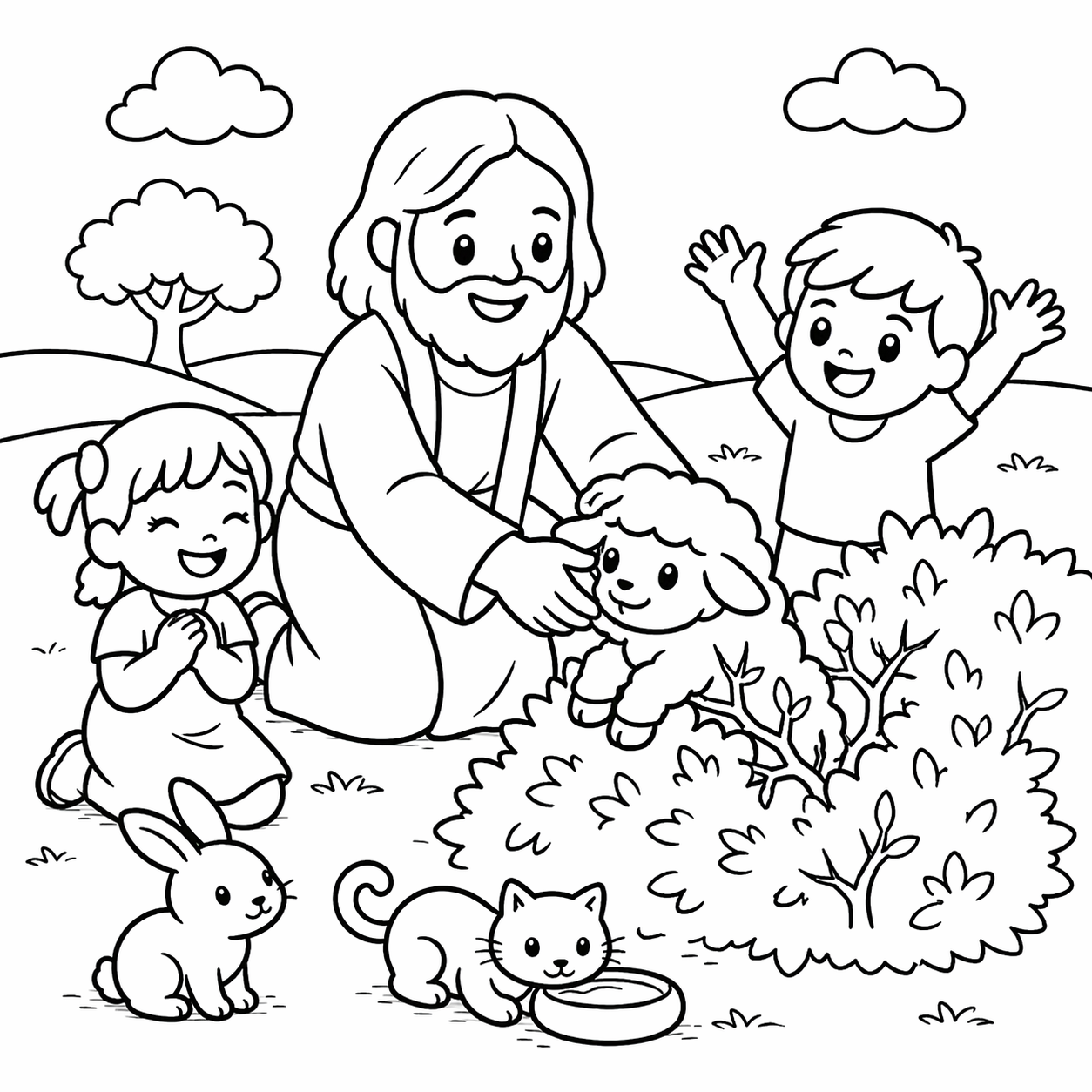 Kleurplaat van Jezus die een lammetje redt.