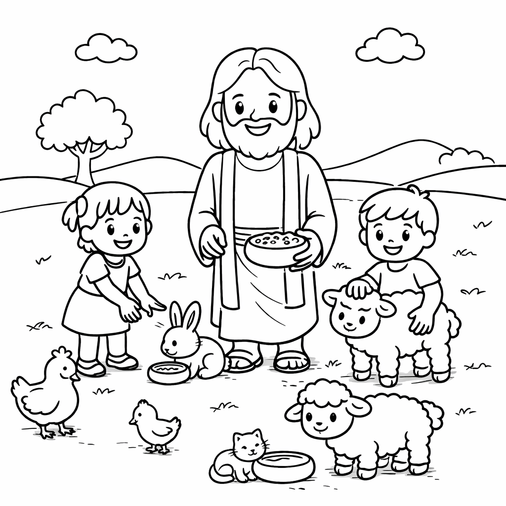 Kleurplaat van Jezus met kinderen die dieren voeren.