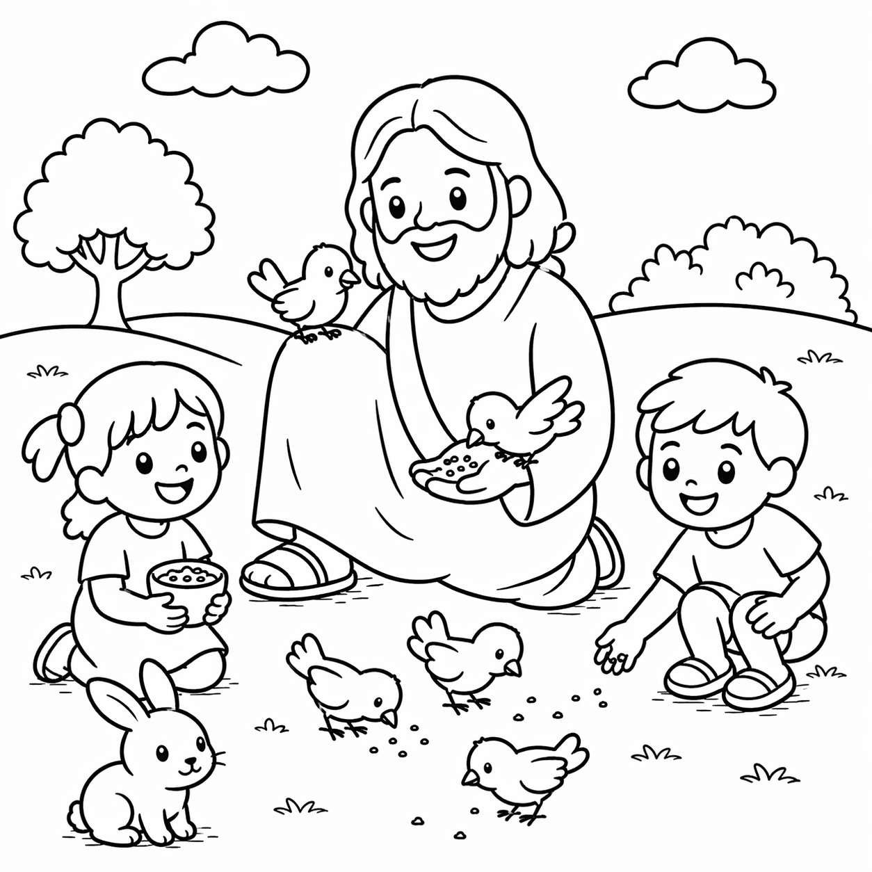 Kleurplaat van Jezus met kinderen die vogels voeren.