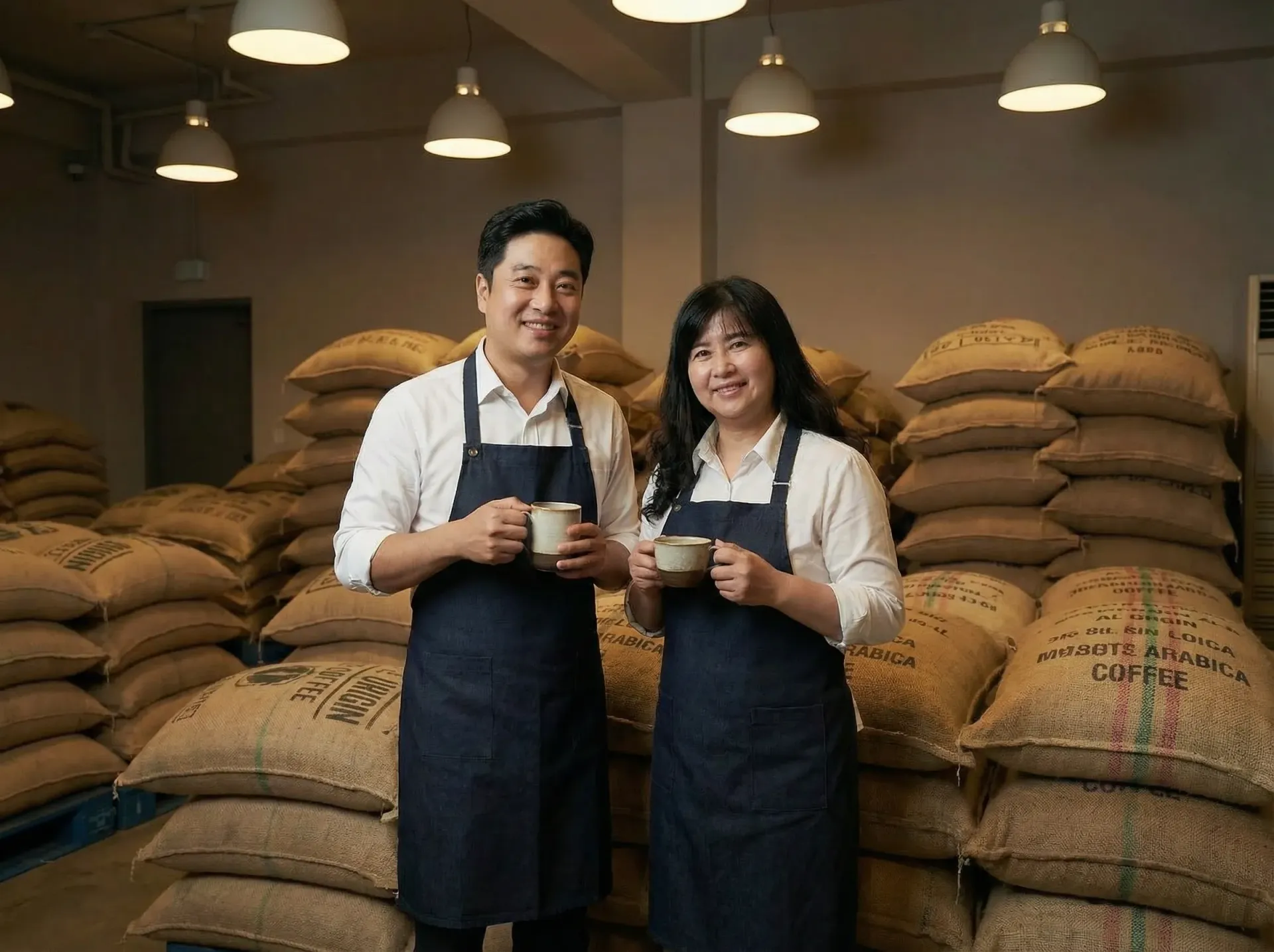 兩個穿著圍裙、手拿馬克杯的人站在堆滿咖啡豆麻袋的倉庫裡。