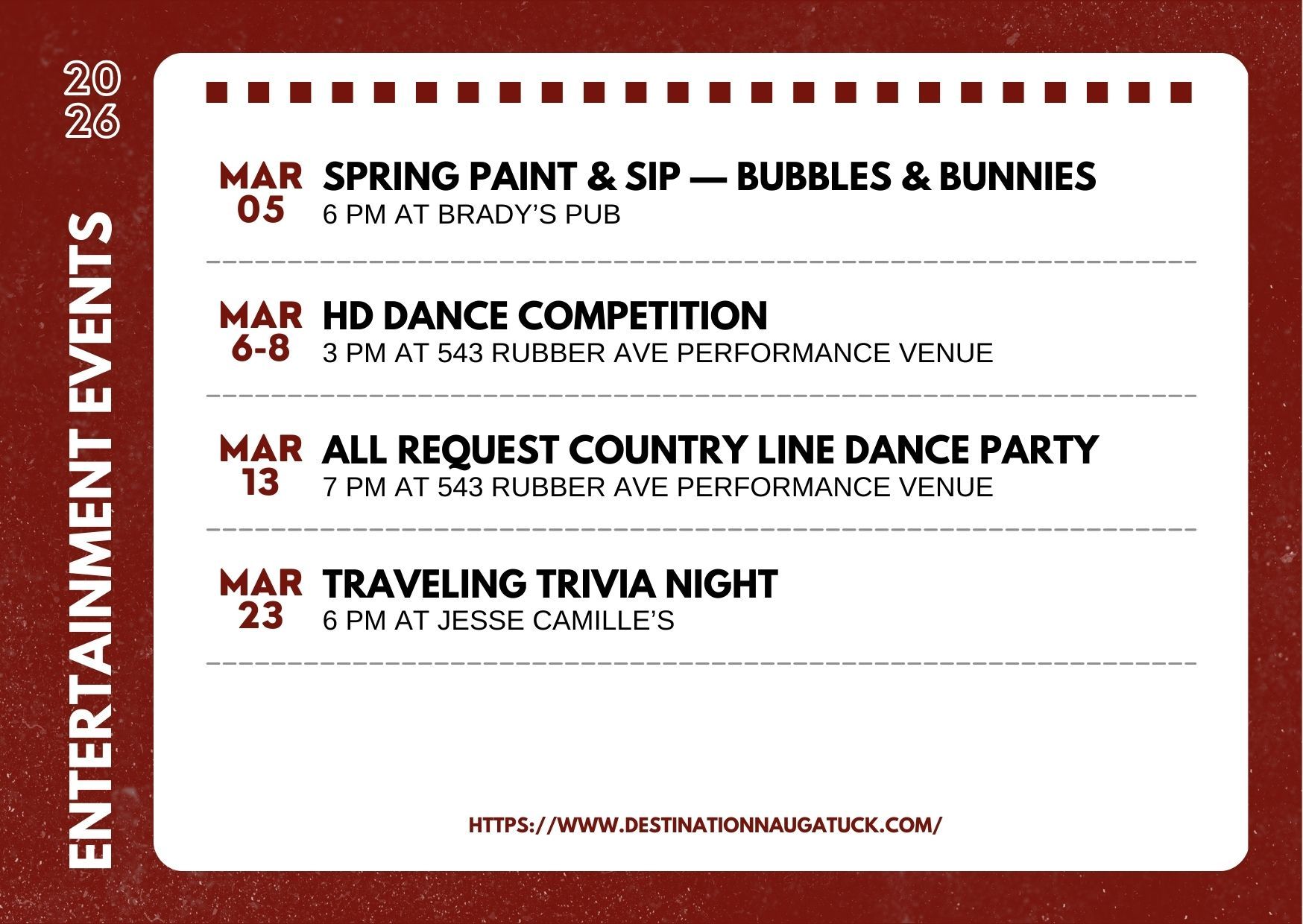 Flyer with the dates, hours, and places of arts and entertainment events in Naugatuck, Connecticut