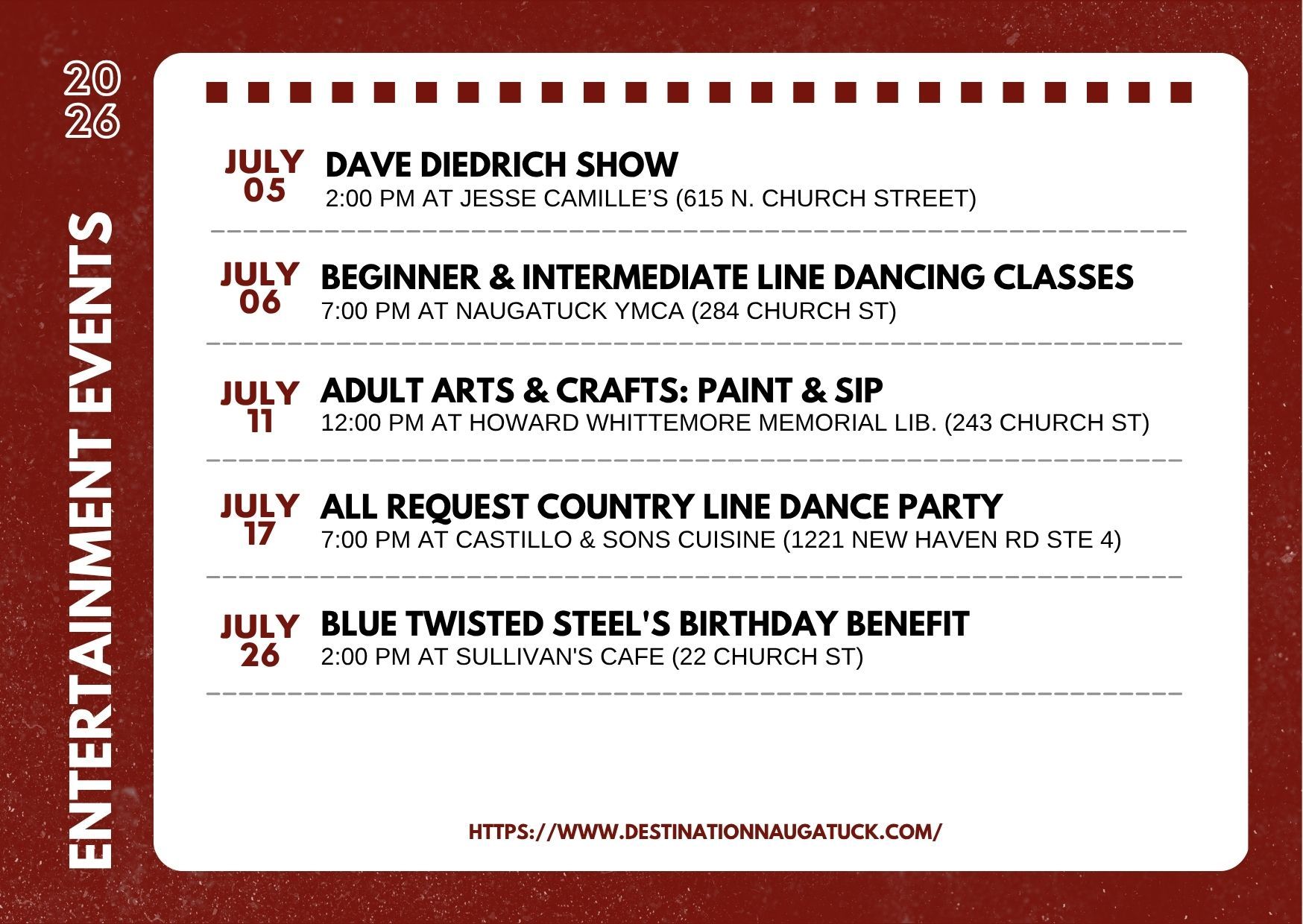 Flyer with the dates, hours, and places of arts and entertainment events in Naugatuck, Connecticut