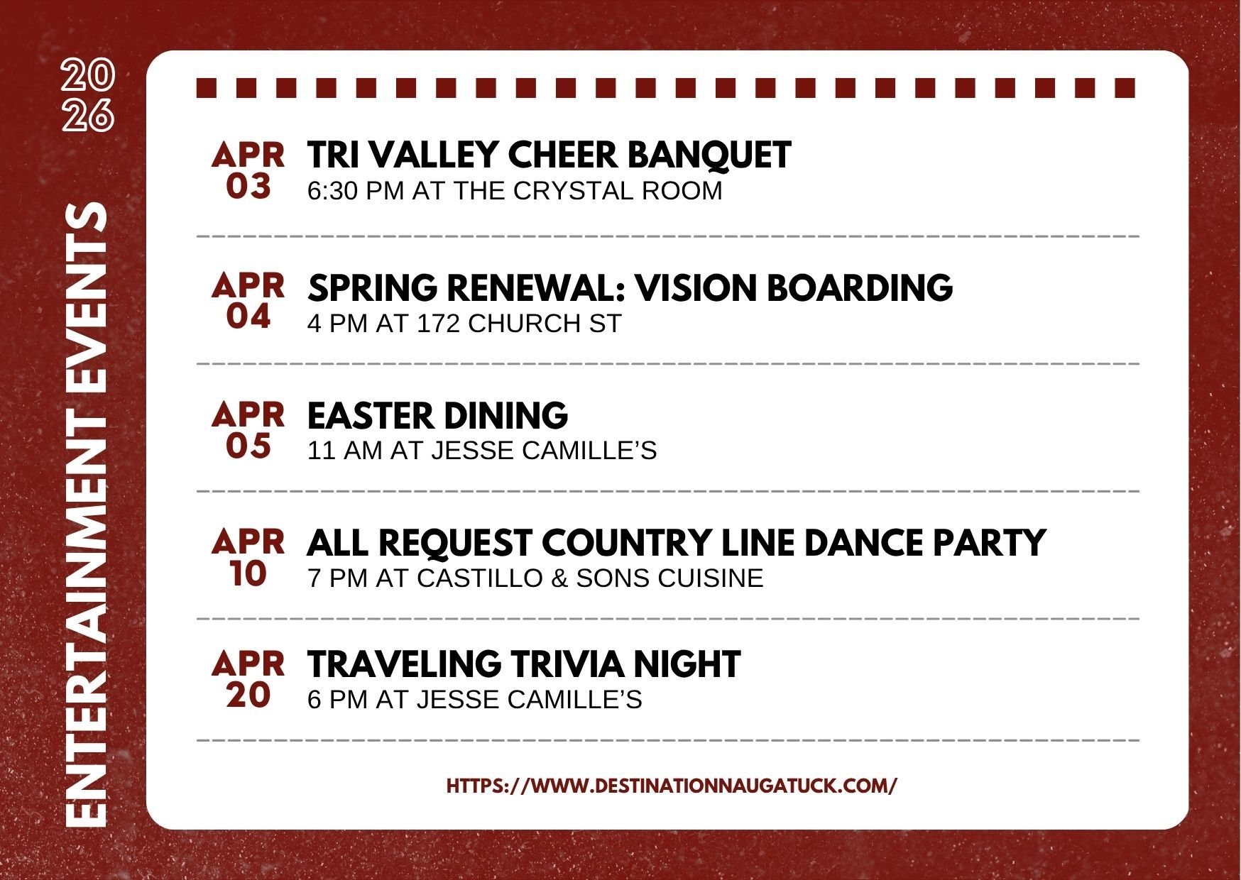 Flyer with the dates, hours, and places of arts and entertainment events in Naugatuck, Connecticut