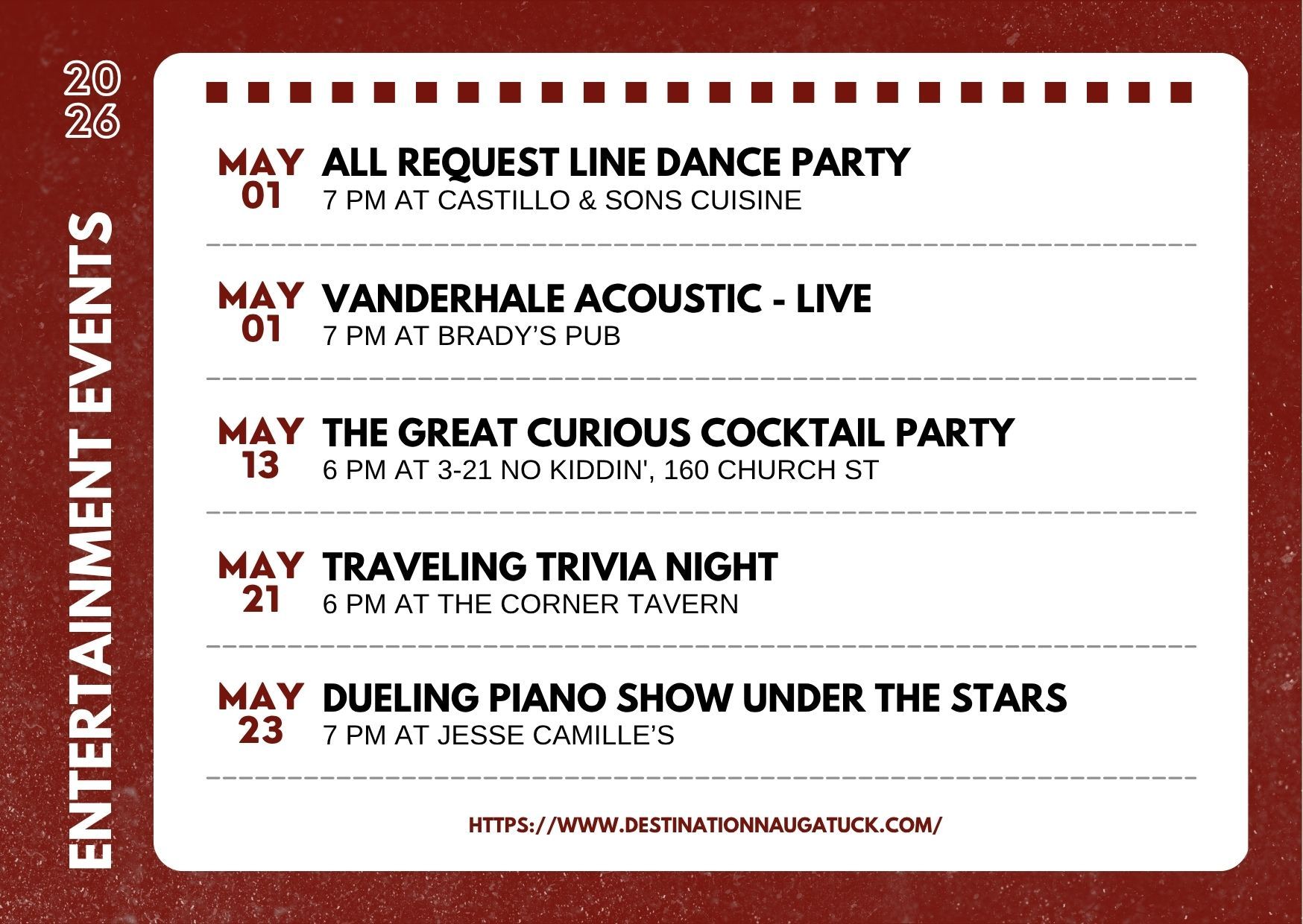 Flyer with the dates, hours, and places of arts and entertainment events in Naugatuck, Connecticut