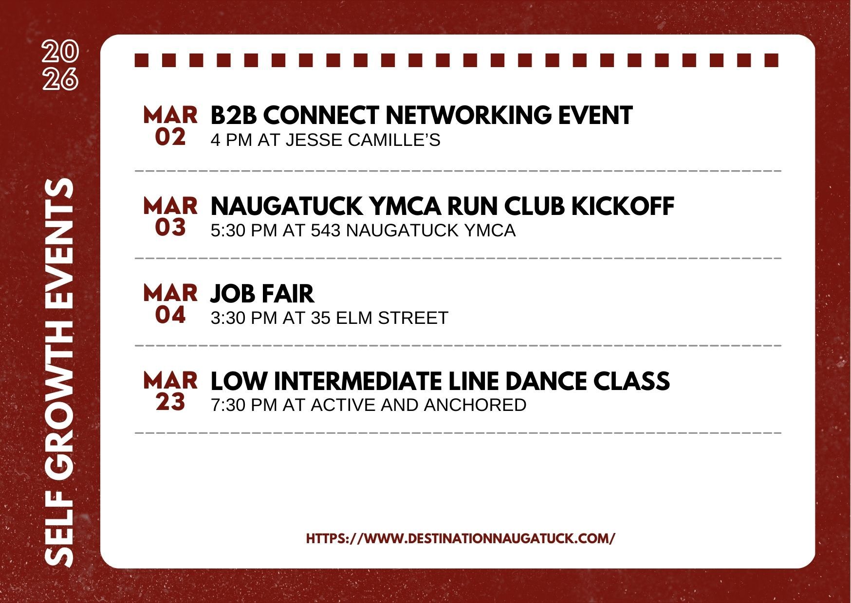 Flyer with the dates, hours, and places of professional and personal growth events at Naugatuck