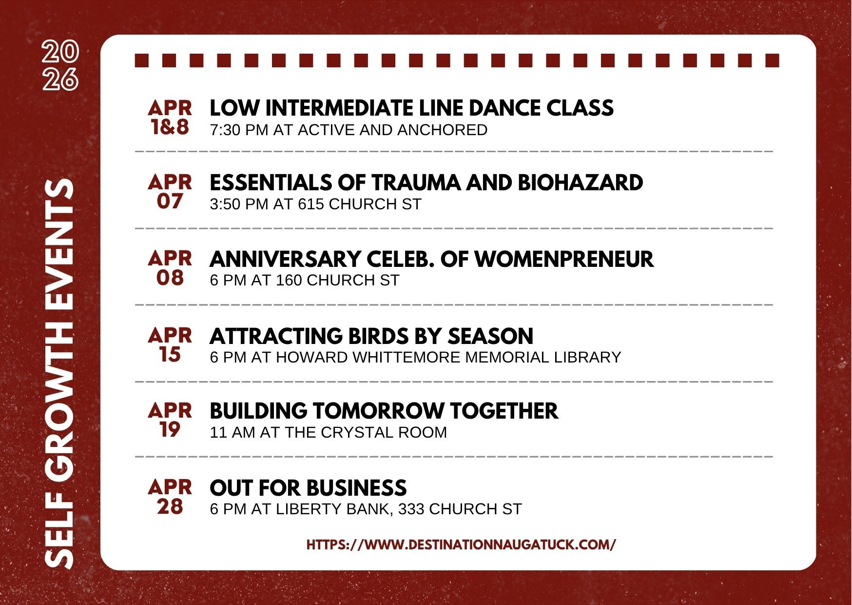 Flyer with the dates, hours, and places of professional and personal growth events at Naugatuck