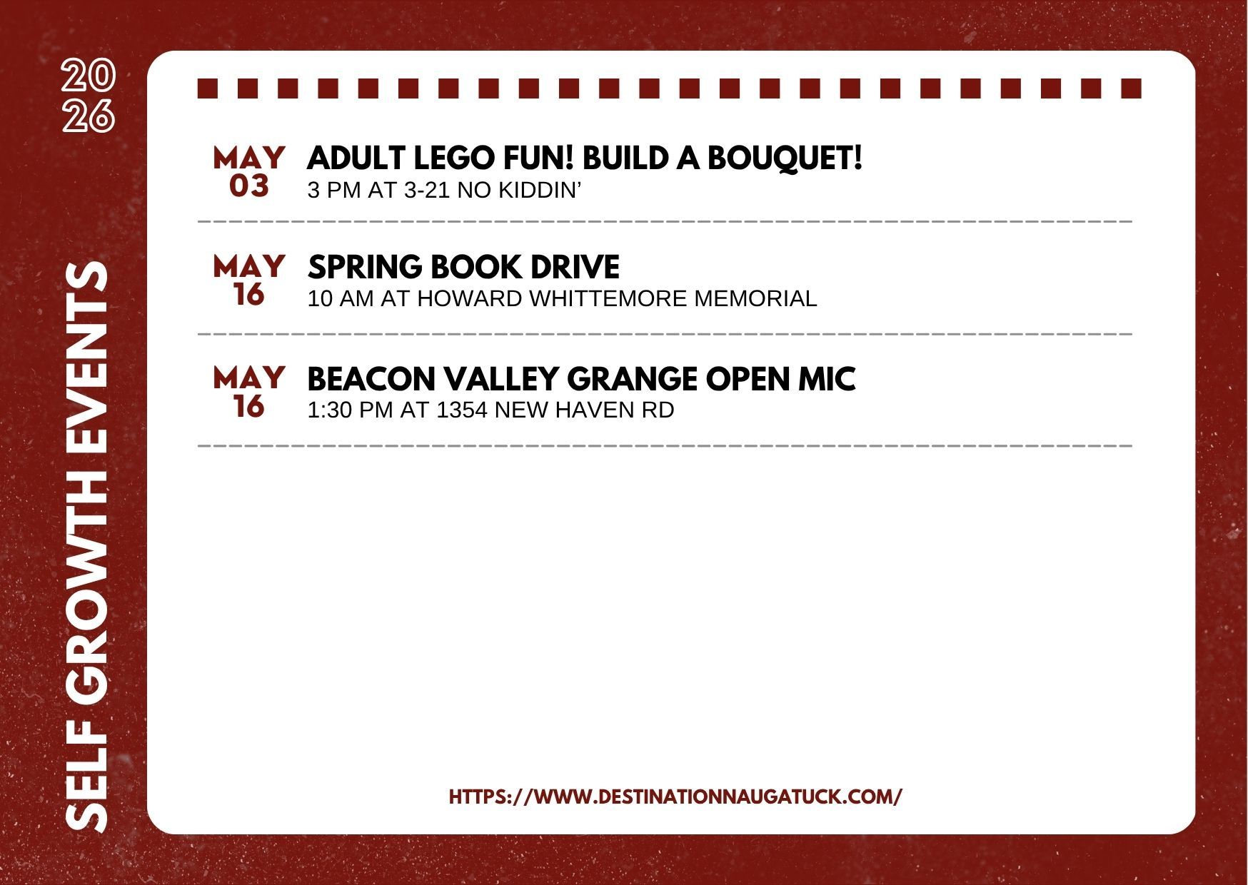 Flyer with the dates, hours, and places of professional and personal growth events at Naugatuck