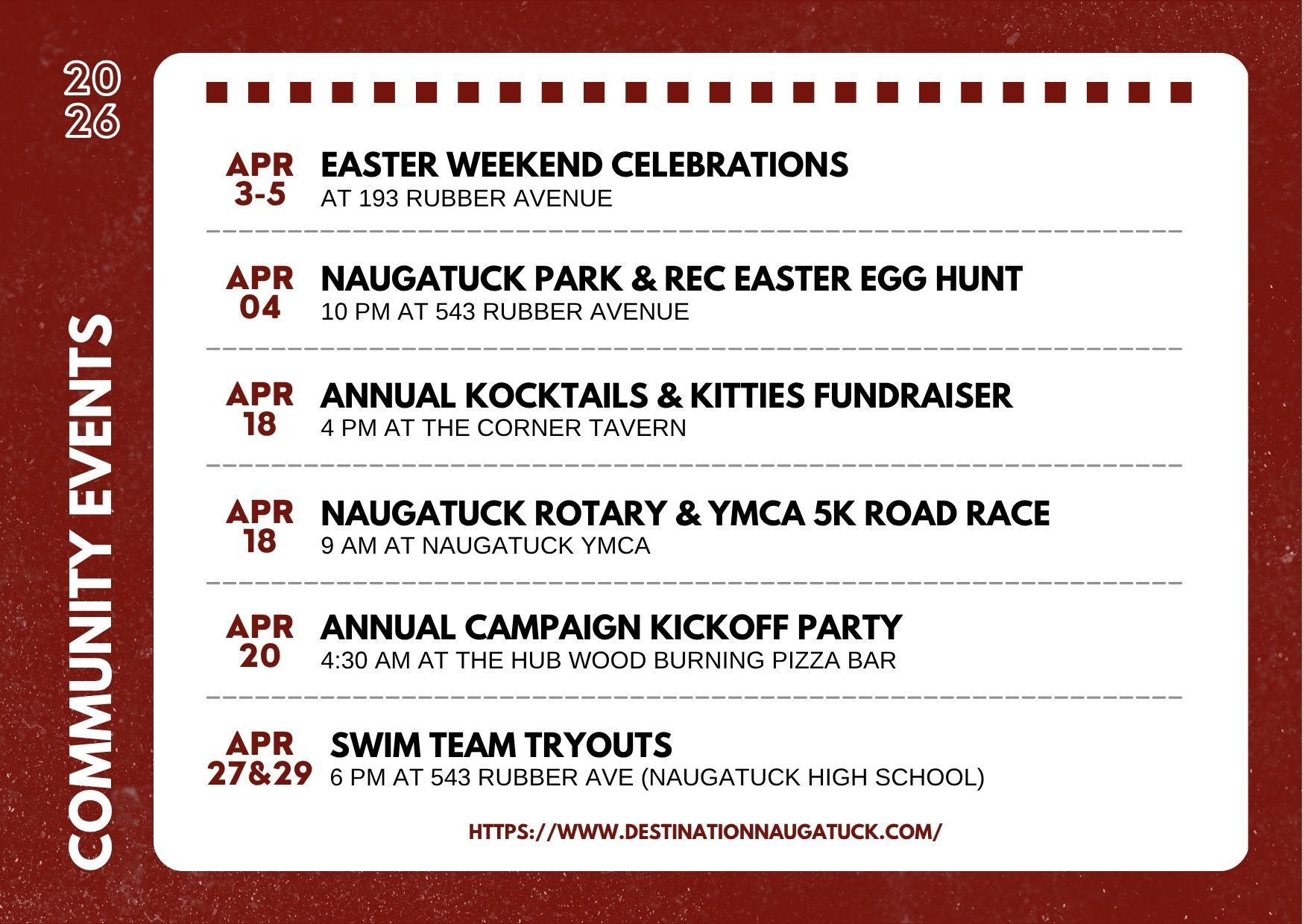 Flyer with the dates, hours, and places of community and fundraising events at Naugatuck