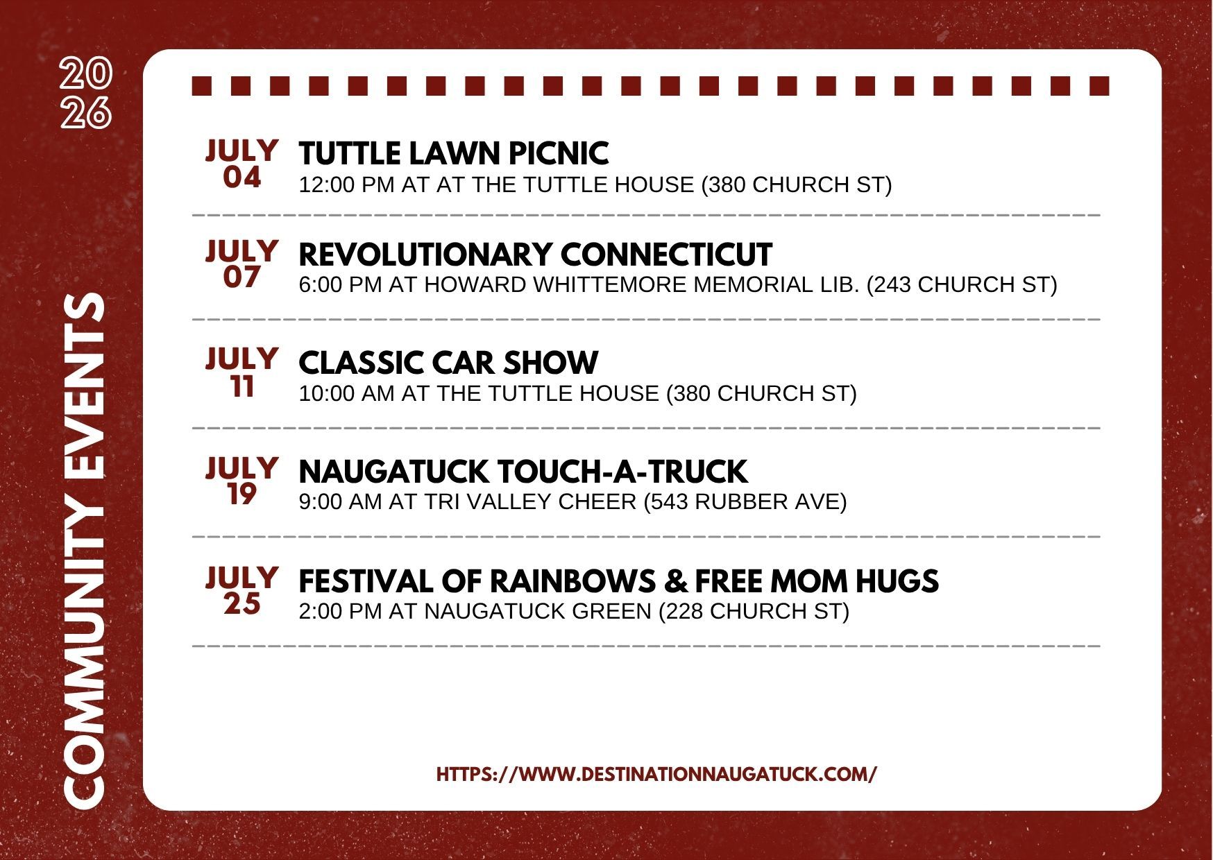 Flyer with the dates, hours, and places of community and fundraising events at Naugatuck