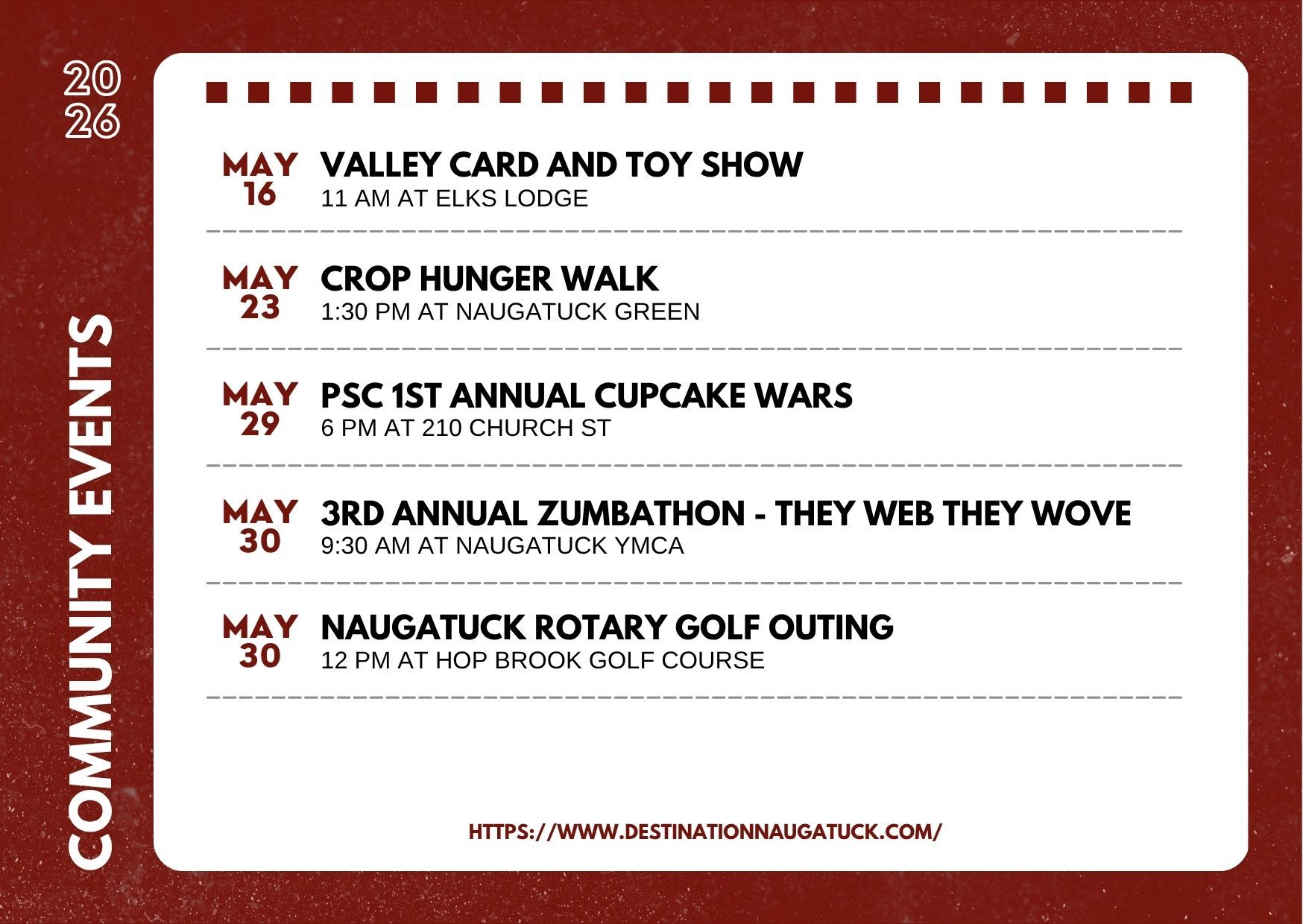 Flyer with the dates, hours, and places of community and fundraising events at Naugatuck