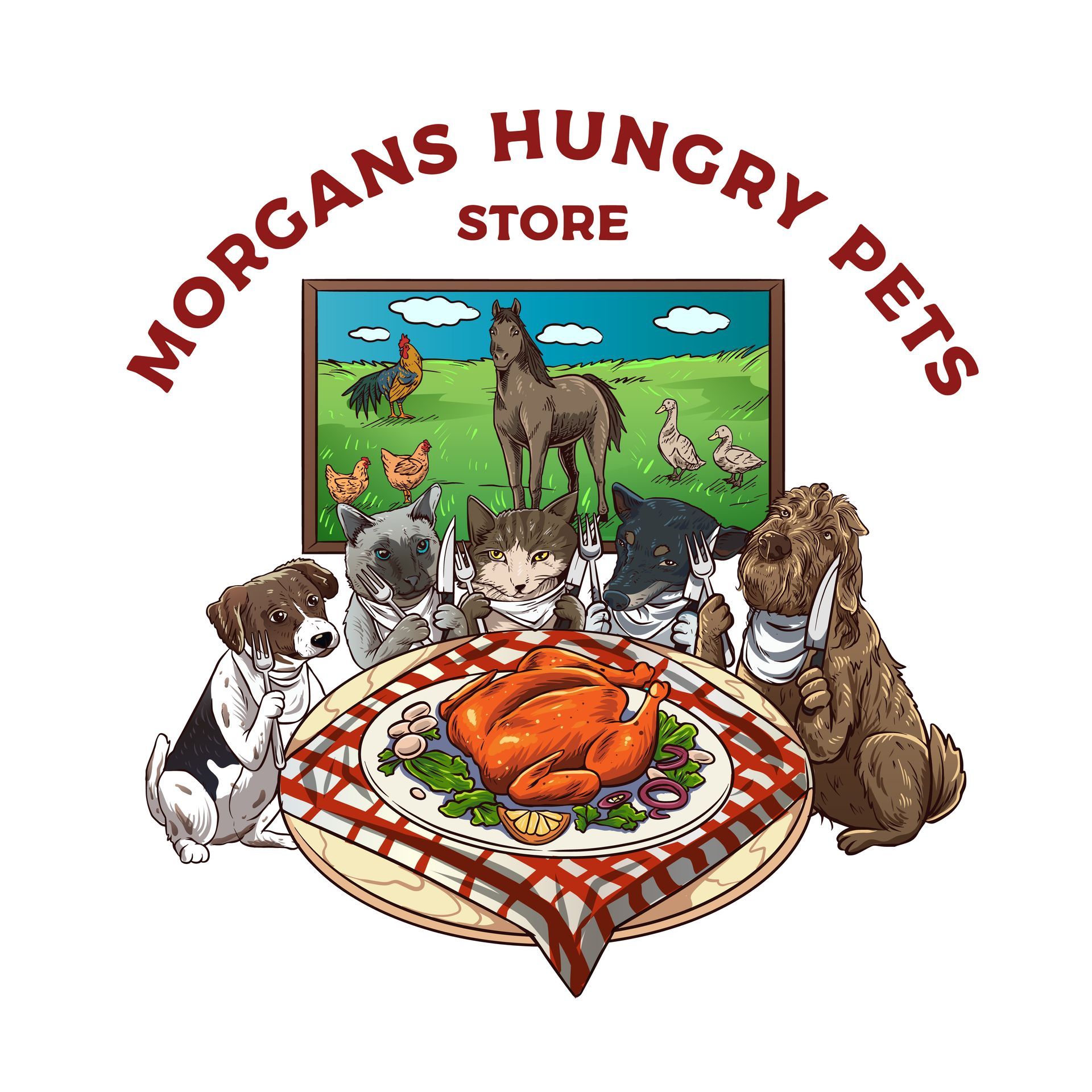 The logo for morgan 's hungry pets store shows dogs and cats sitting around a table with a turkey.