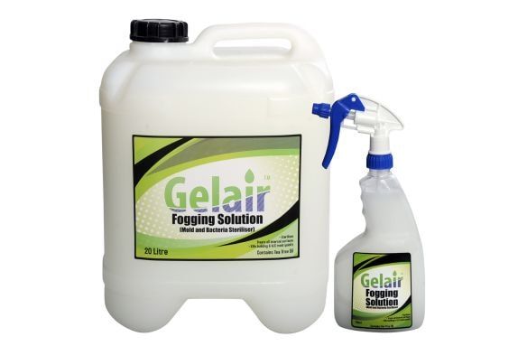 A Bottle of Gelair Fogging Solution Next to a Spray Bottle — Tea Tree Solutions in Manunda, QLD