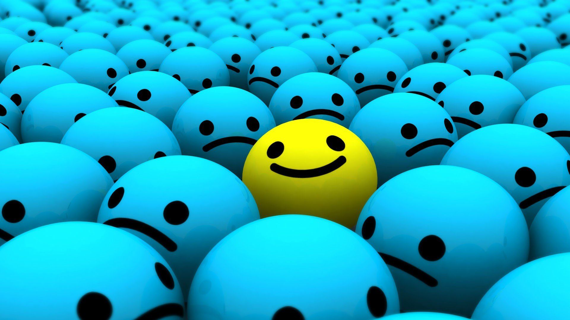 a yellow smiley face surrounded by many unhappy faces