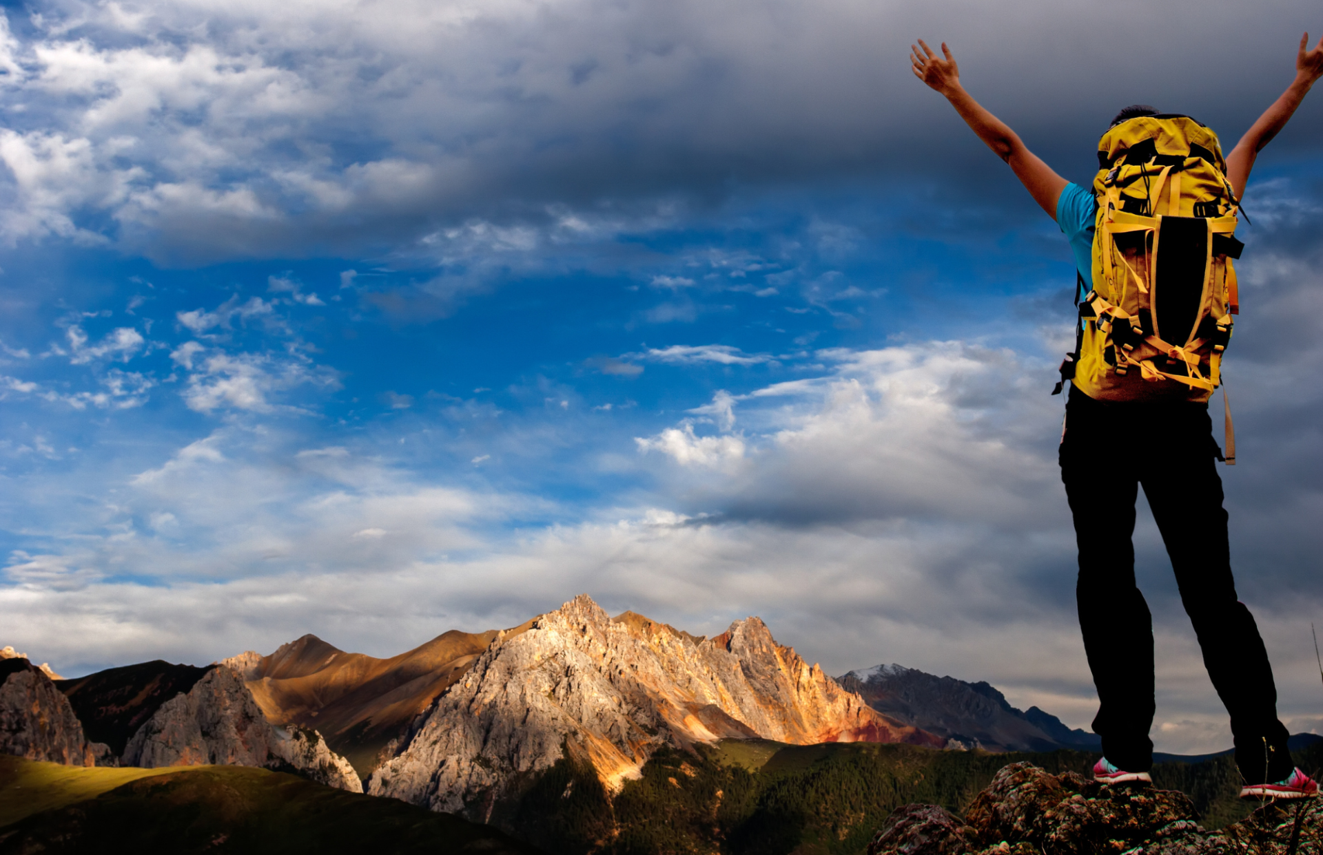 a man standing on top of a mountain with his arms in the air living his ideal life