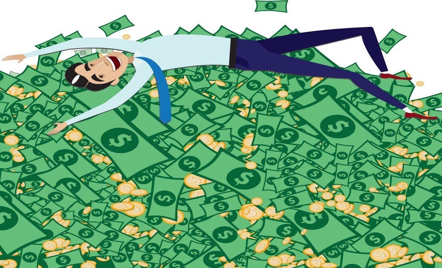 A man laying on top of a pile of money