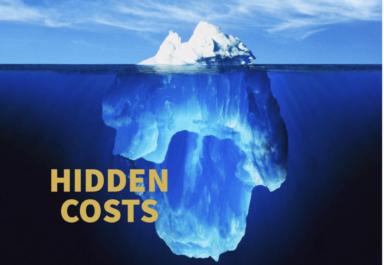 an iceberg floating in the ocean with a caption that reads hidden costs.