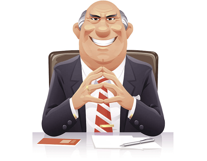 A cartoon businessman in a suit sitting at a desk grinning