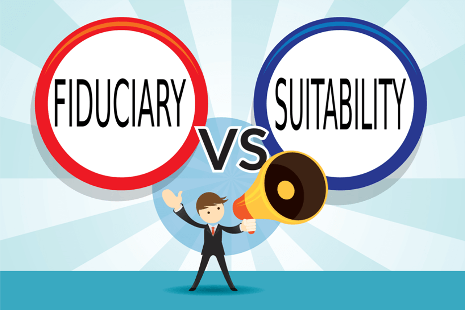 a businessman holding a megaphone with the words fiduciary vs suitability