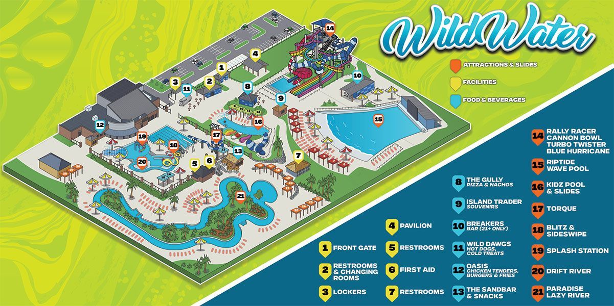 A map of a WildWater water park with locations of. attractions, dining, restrooms, cabanas, and more.