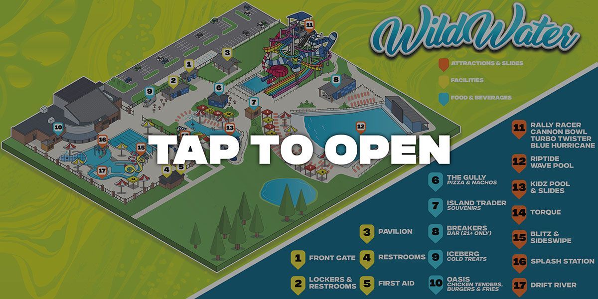 A map of a water park with the words tap to open on it.