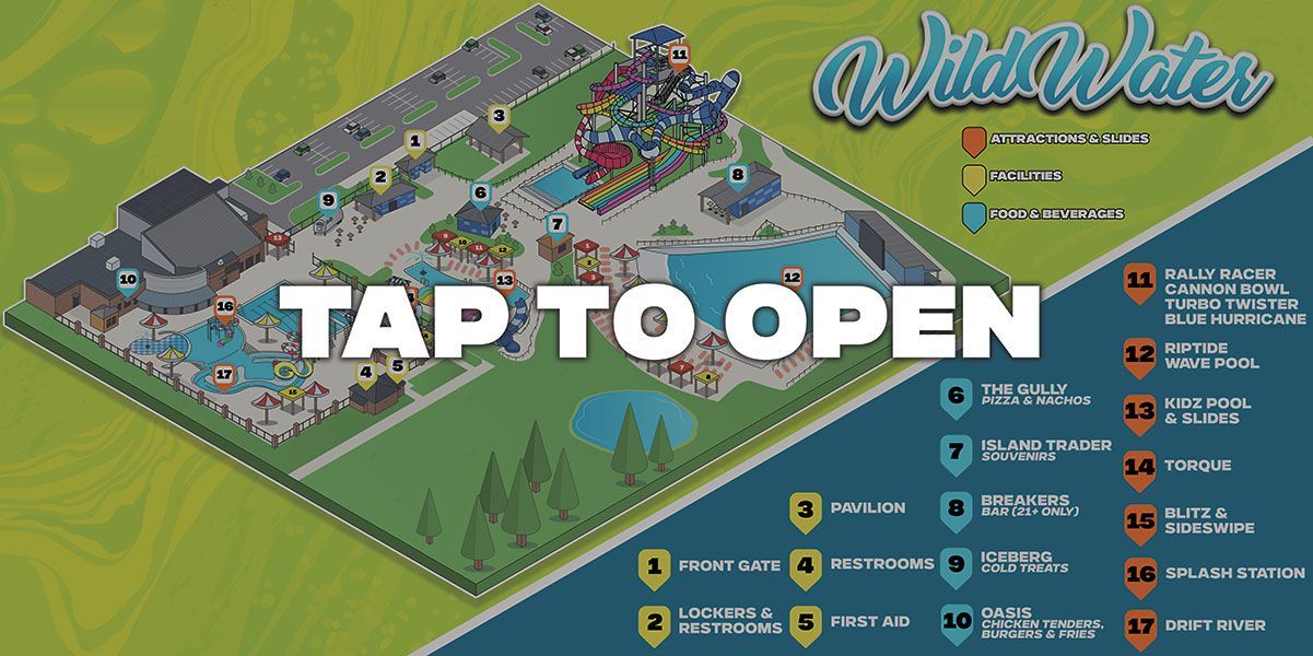 A map of a water park with the words tap to open on it.