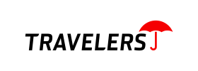 Travelers j logo with a red umbrella on a white background