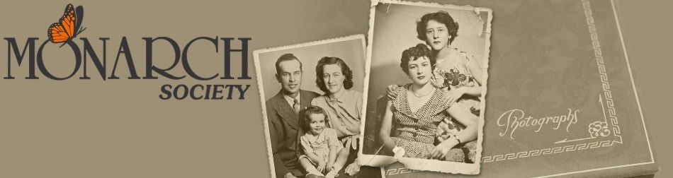 Monarch Society logo with vintage sepia family photos and cursive text on a beige background