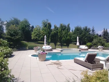 A sunny outdoor scene with a pool, lounge chairs, and potted flowers. Trees and a clear blue sky fill the background.