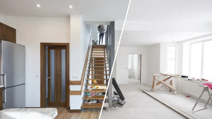 Split photo: a home's interior before and after renovation.