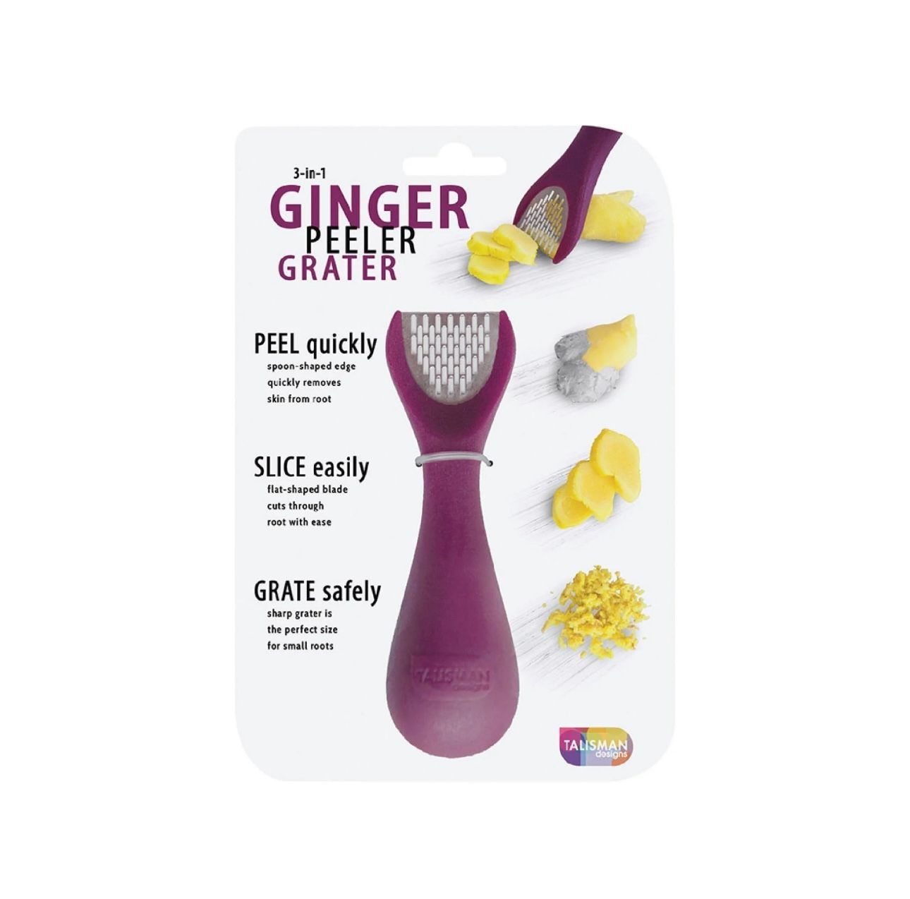 Purple ginger peeler/grater in packaging; peels, slices, and grates ginger.