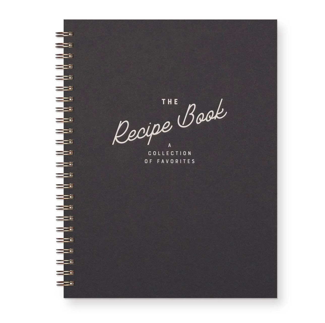 Black spiral-bound recipe book with white text: 