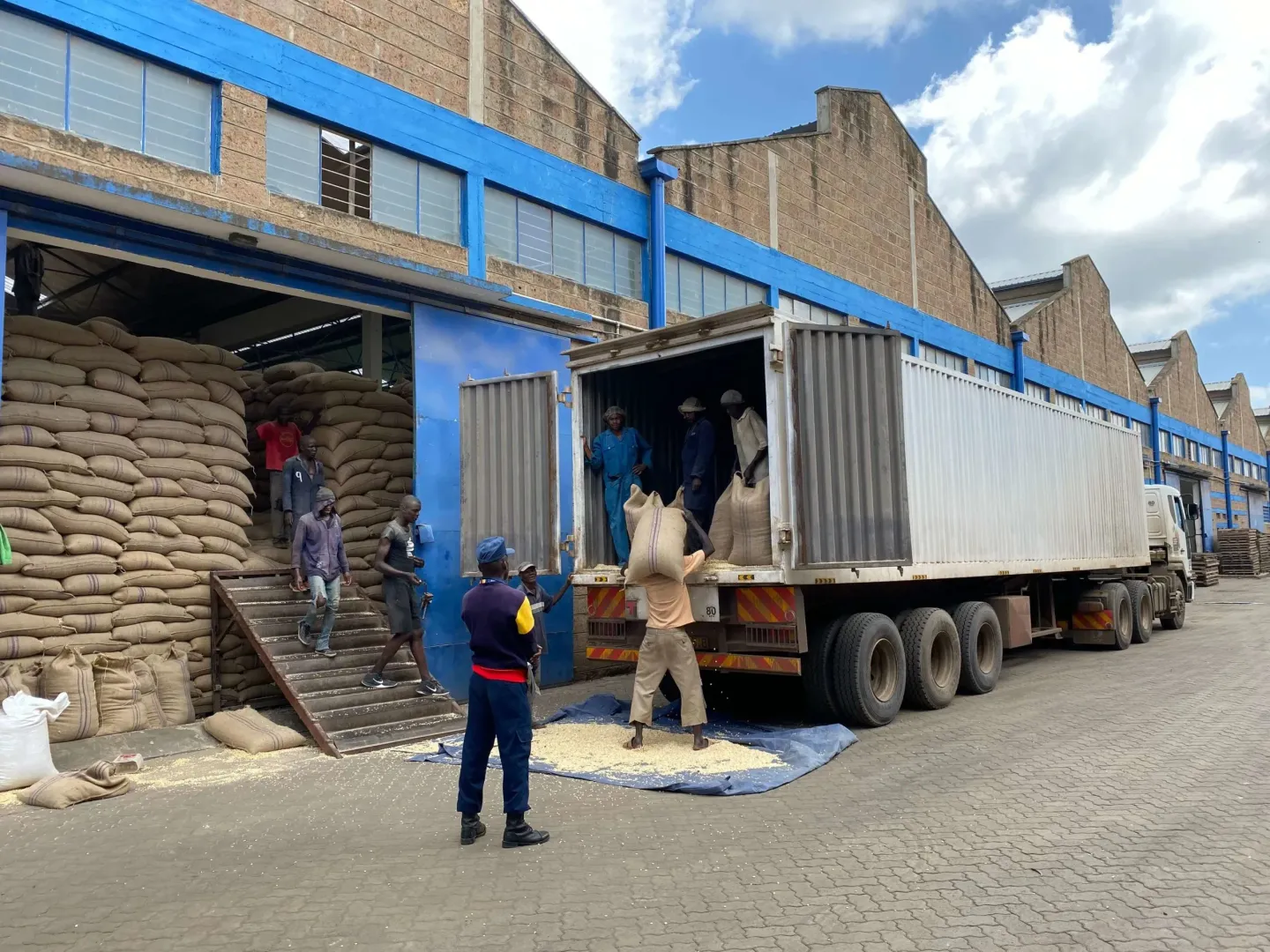 A truck is being loaded with bags of rice in a warehouse.
