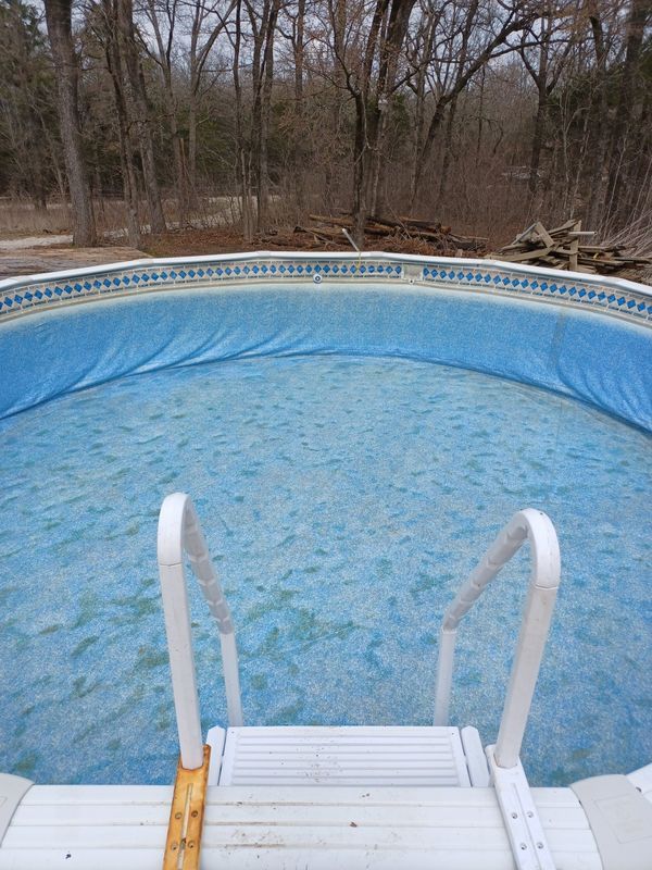 An above-ground pool filled with shallow water and a white ladder, situated in a wooded area with fallen leaves.