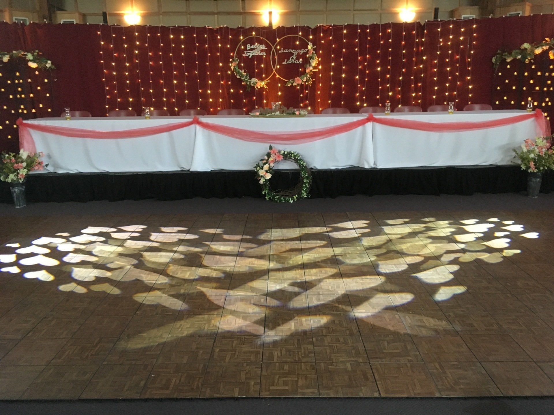 The flexability our Intelligent Lighting provides. Our famous heart out of hears highlight the dance floor for a special wedding.