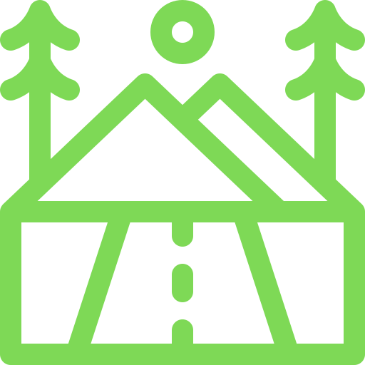 Un'icona verde di una casa con alberi e montagne sullo sfondo.
