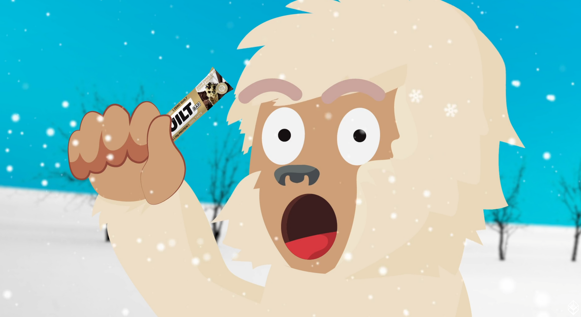 Shocked fluffy creature holding a knife in a snowy landscape