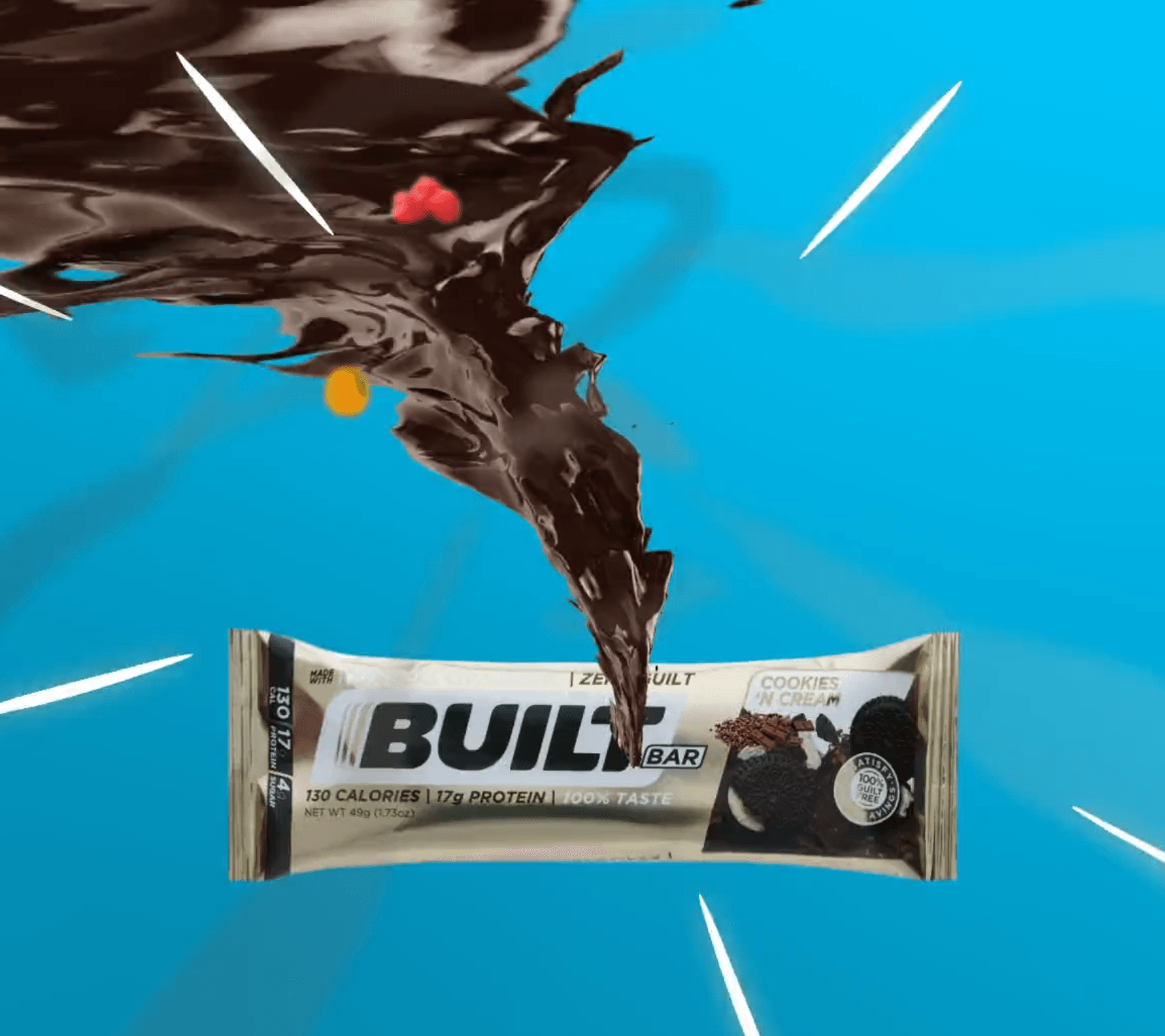 Chocolate bar with a swirling dark splash over a bright blue background
