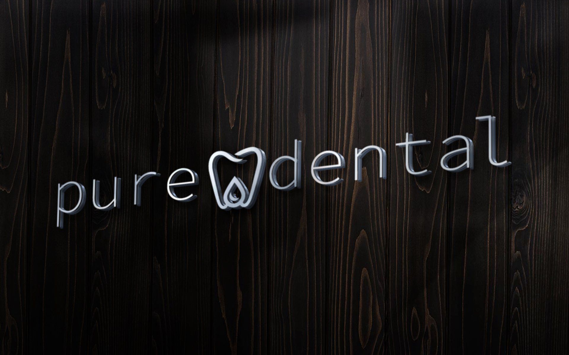 Pure Dental logo in white on a dark wood-textured background, with a tooth icon in the center