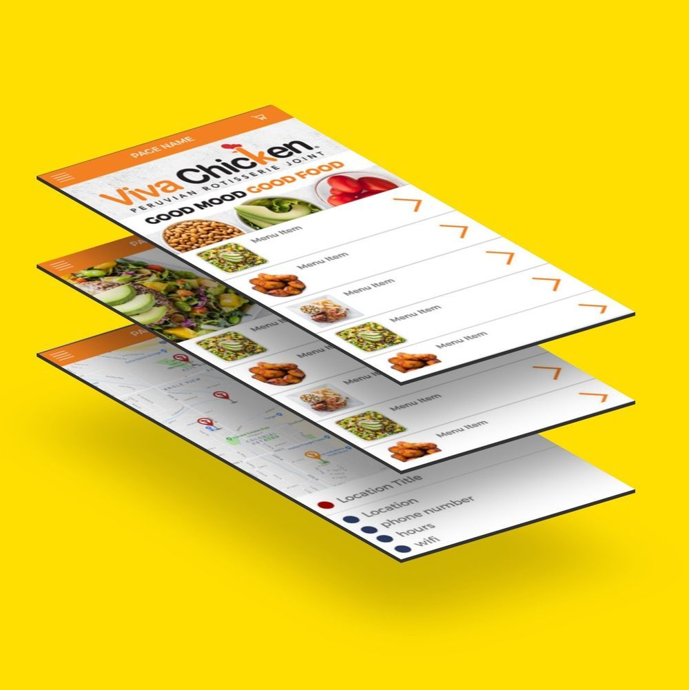 Stacked mobile app screens on a bright yellow background showing food ordering UI layouts