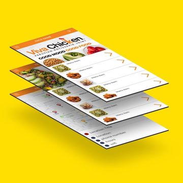 Stacked mobile app screens on a bright yellow background showing food ordering UI layouts