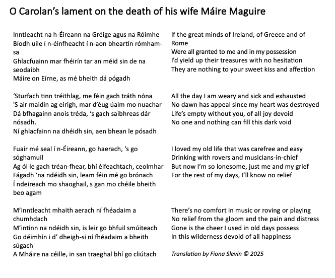 O Carolan's lament for his wife Máire, translated by Fiona Slevin
