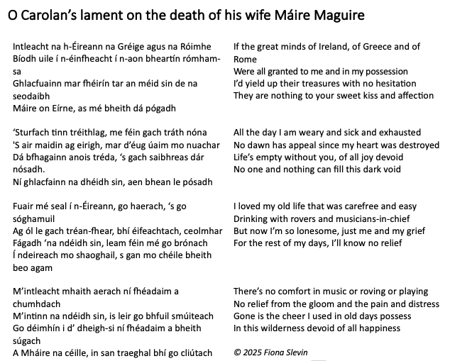 O Carolan's lament for his wife Máire, translated by Fiona Slevin
